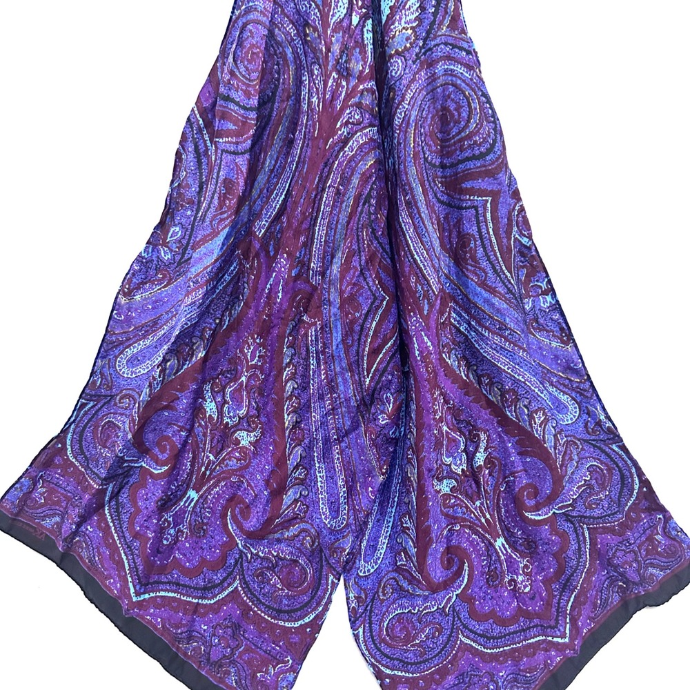 Anne Klein Silk Purple Paisley Scarf Blue Burgundy Rectangular Wrap Academia